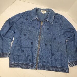 Alfred Dunner Women's Denim Jacket Blue Floral‎ Patchwork Full Zip Size 14